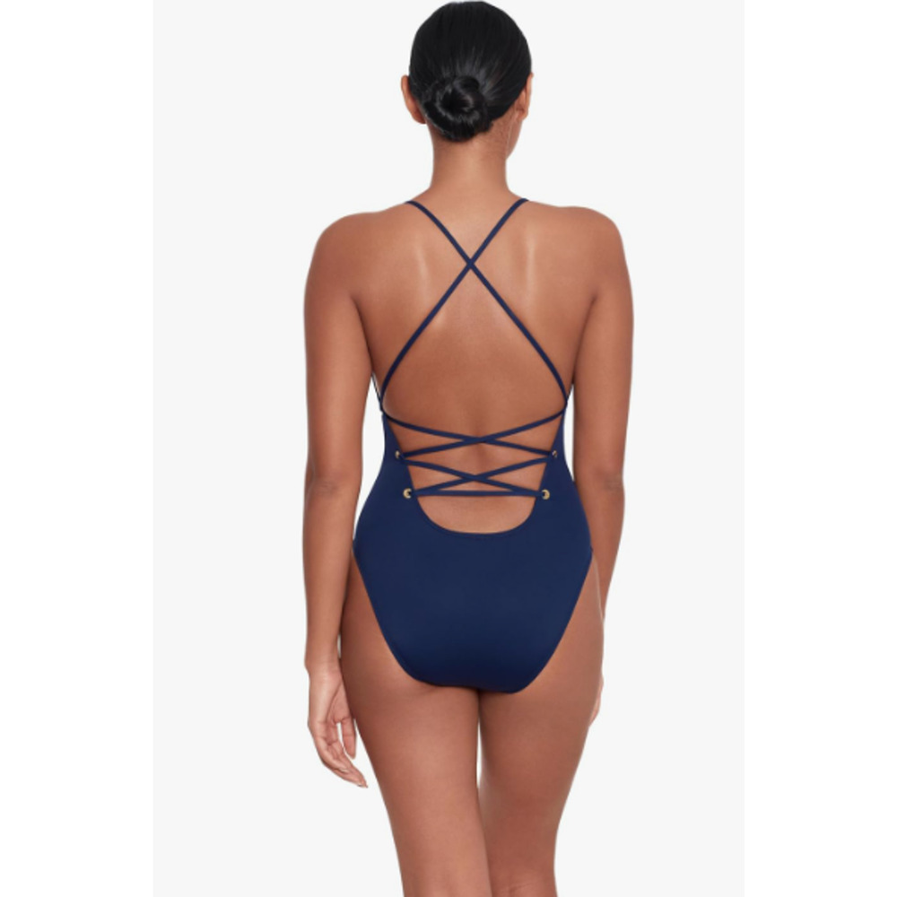 LAUREN RALPH LAUREN Strappy Plunge One-Piece Size 12 Blue Dark Navy Vneck NWT - Picture 2 of 11